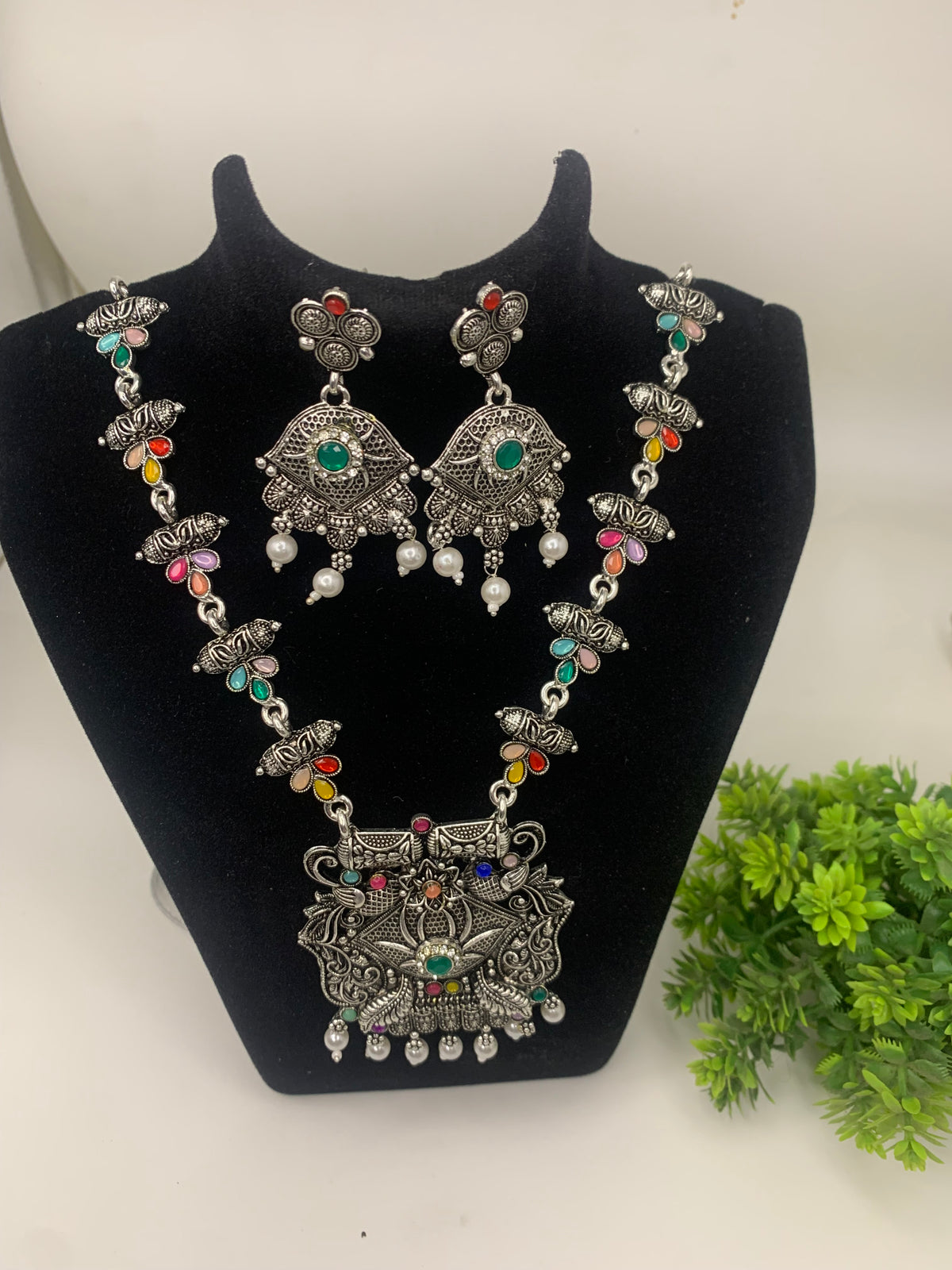 Oxidised long necklace and earrings