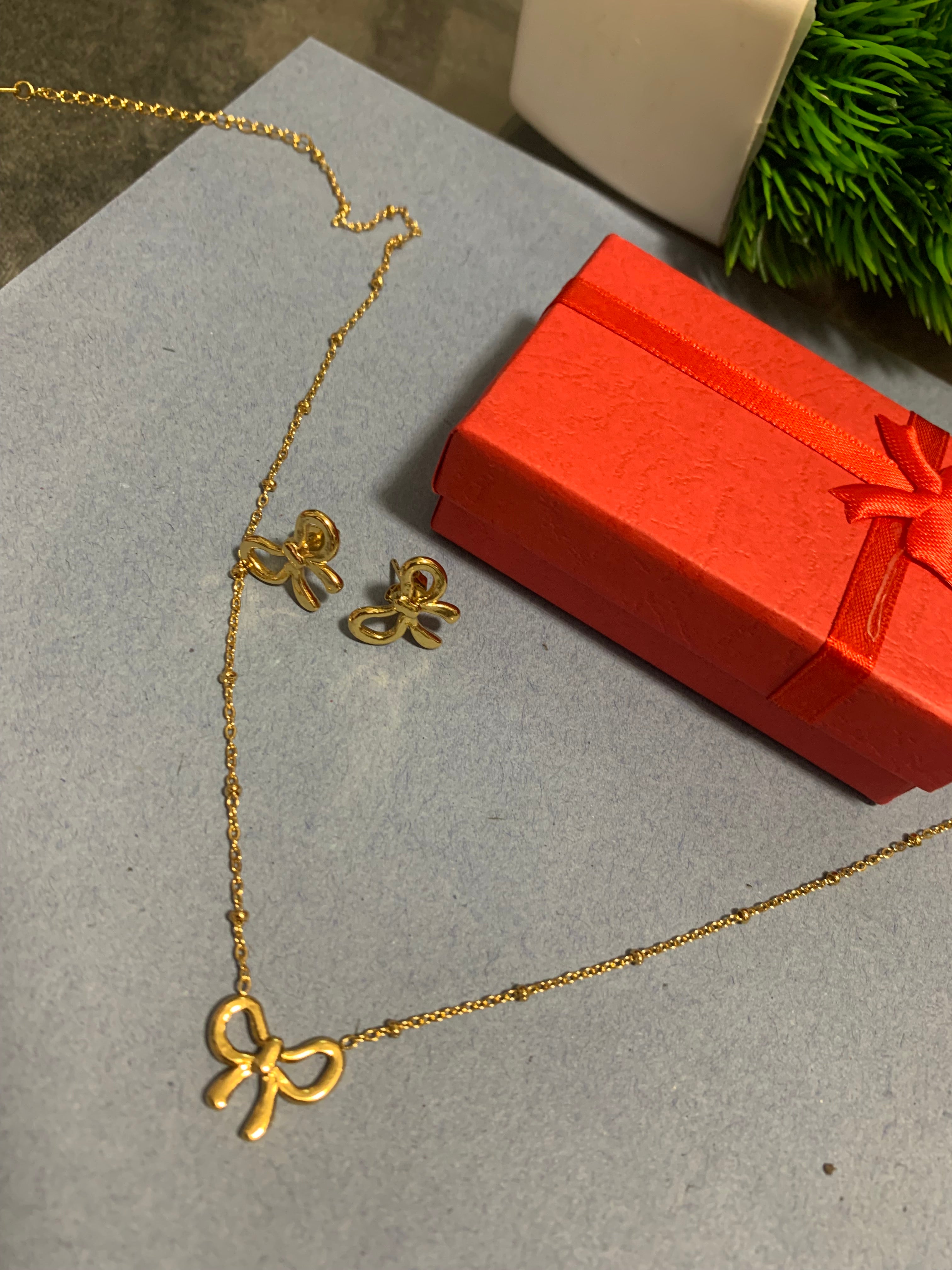 Bow necklace and earrings with the cute packaging