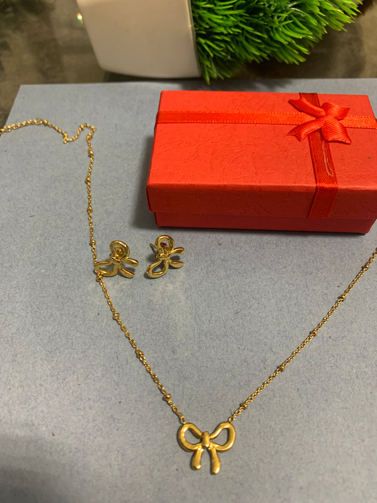 Bow necklace and earrings with the cute packaging